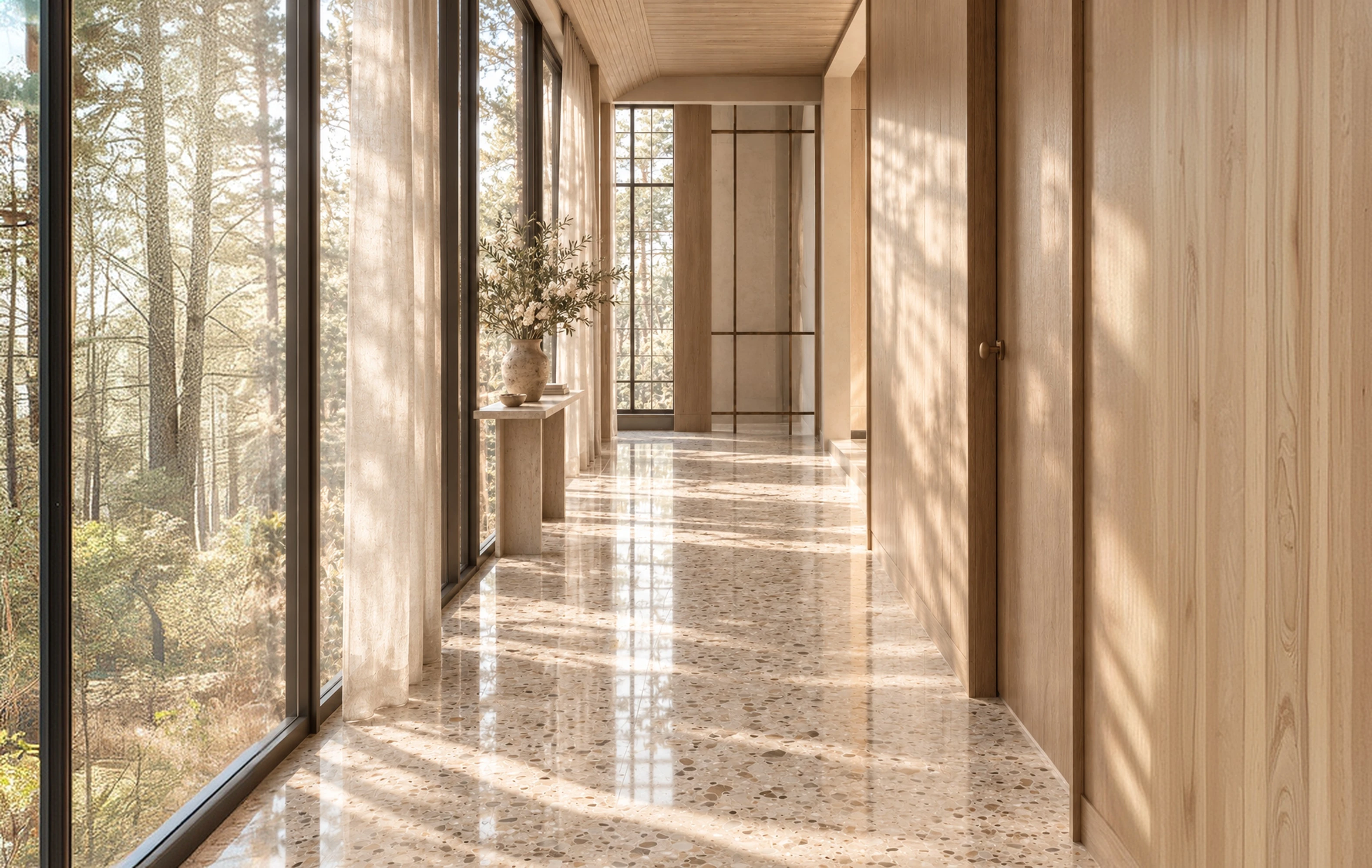 Sunlit hallway with a terrazzo floor, timber wall panels and tall windows onto the forest