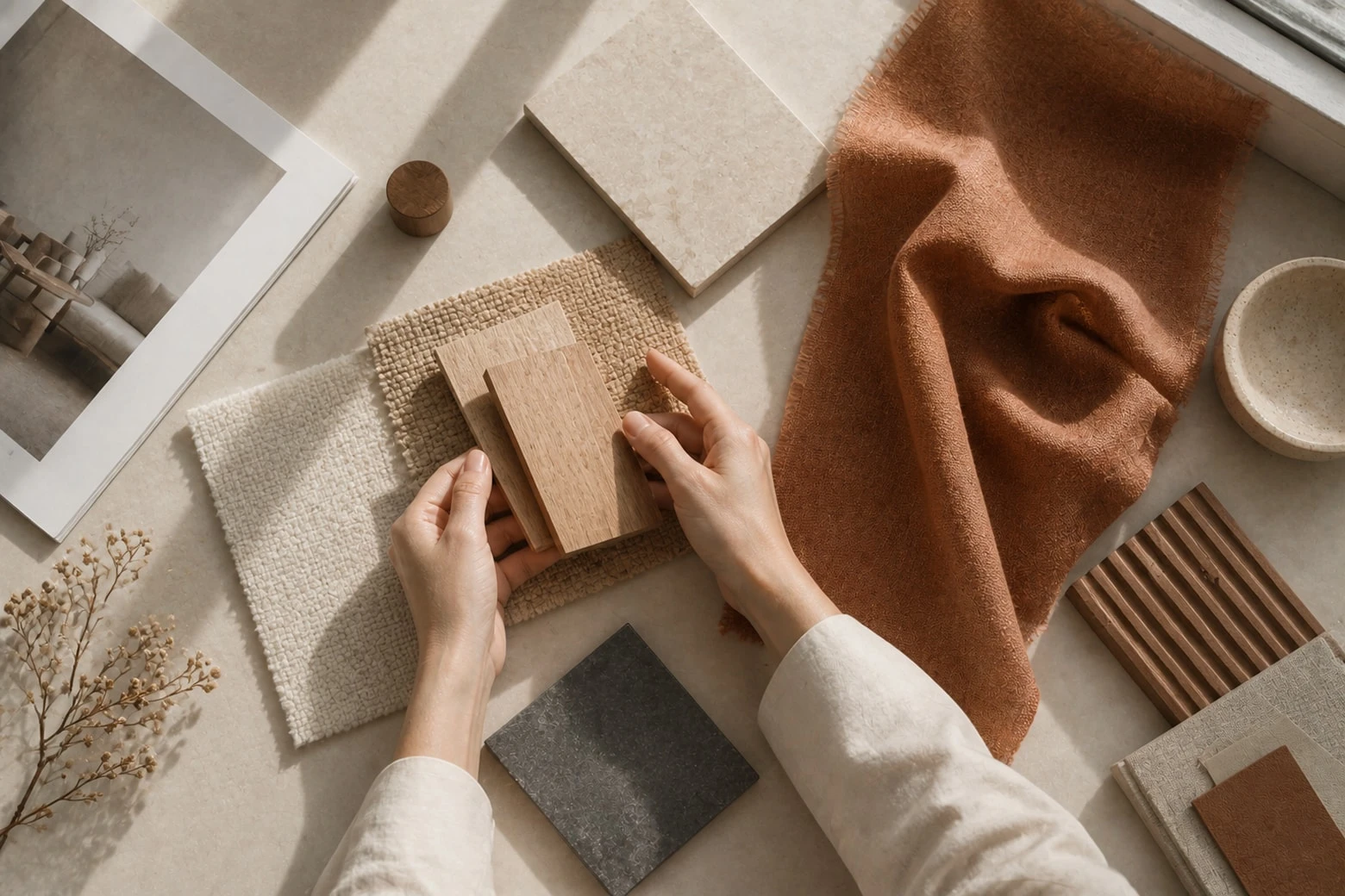 Close view of hands choosing a wood sample from a tile and textile mood board