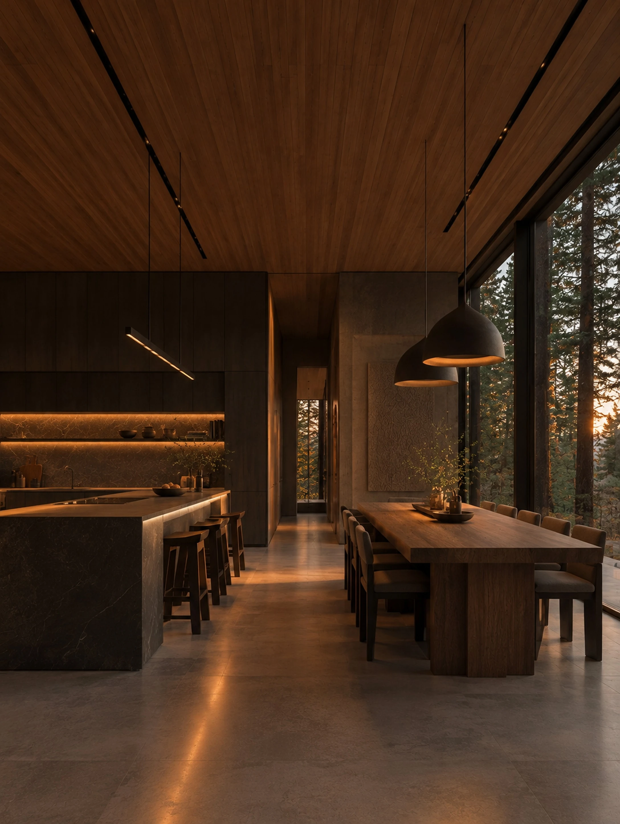 Moody kitchen and dining area with a timber ceiling, a long wooden table and pendant lights at dusk