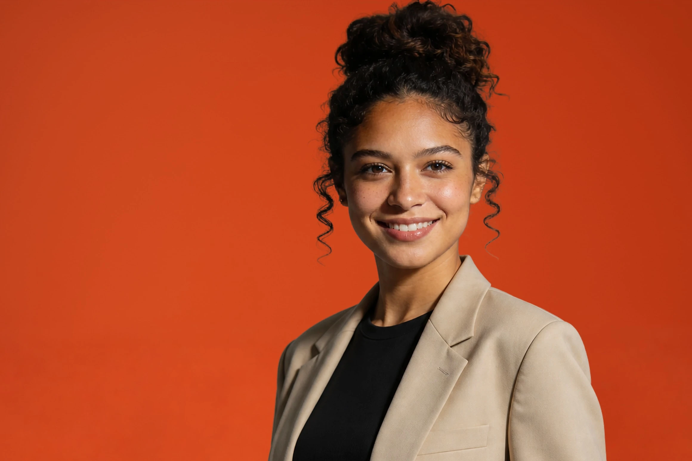Portrait of Elena Marsh, smiling with curly hair pinned up, wearing a beige blazer against a vermilion backdrop