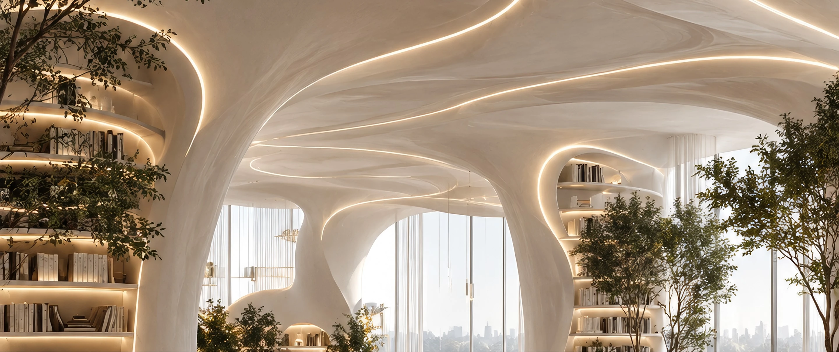 Sculptural cream-white interior with a curving glowing ceiling, built-in bookshelves and indoor trees