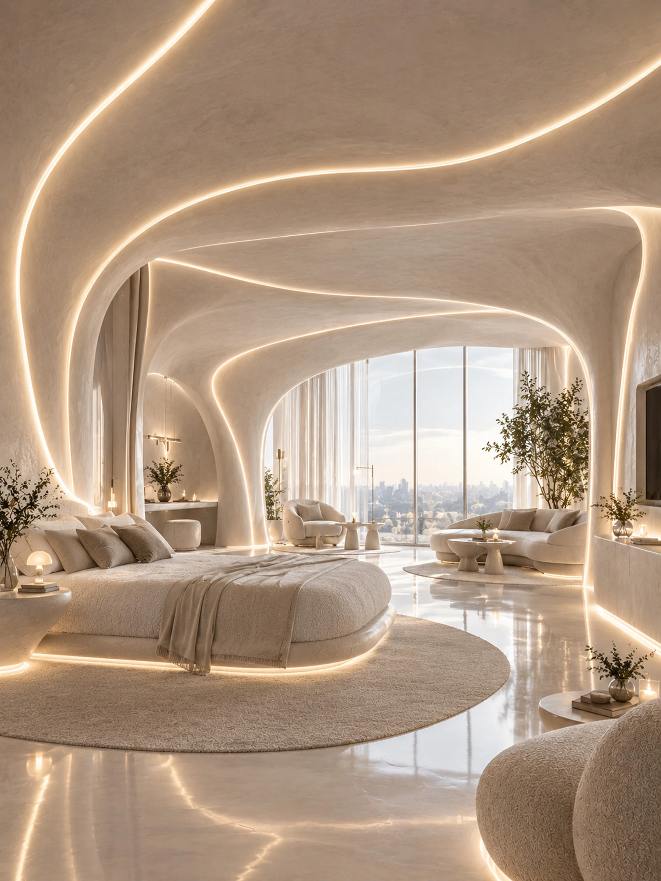 Hotel suite with a sculpted glowing ceiling, a round bed and a lounge area by large windows