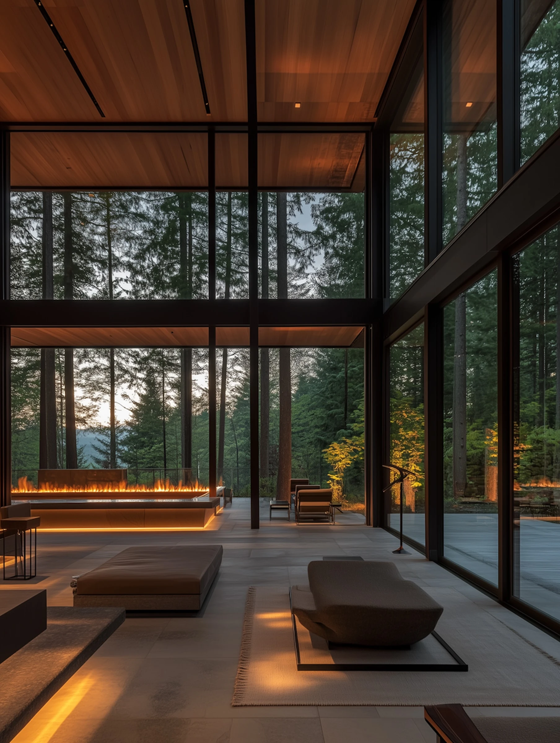 Double-height living room with floor-to-ceiling glass walls facing a pine forest, a low fireplace and a timber ceiling