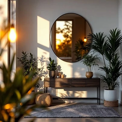 Entryway console with a round mirror, tall green plants and a woven pouf in golden evening light