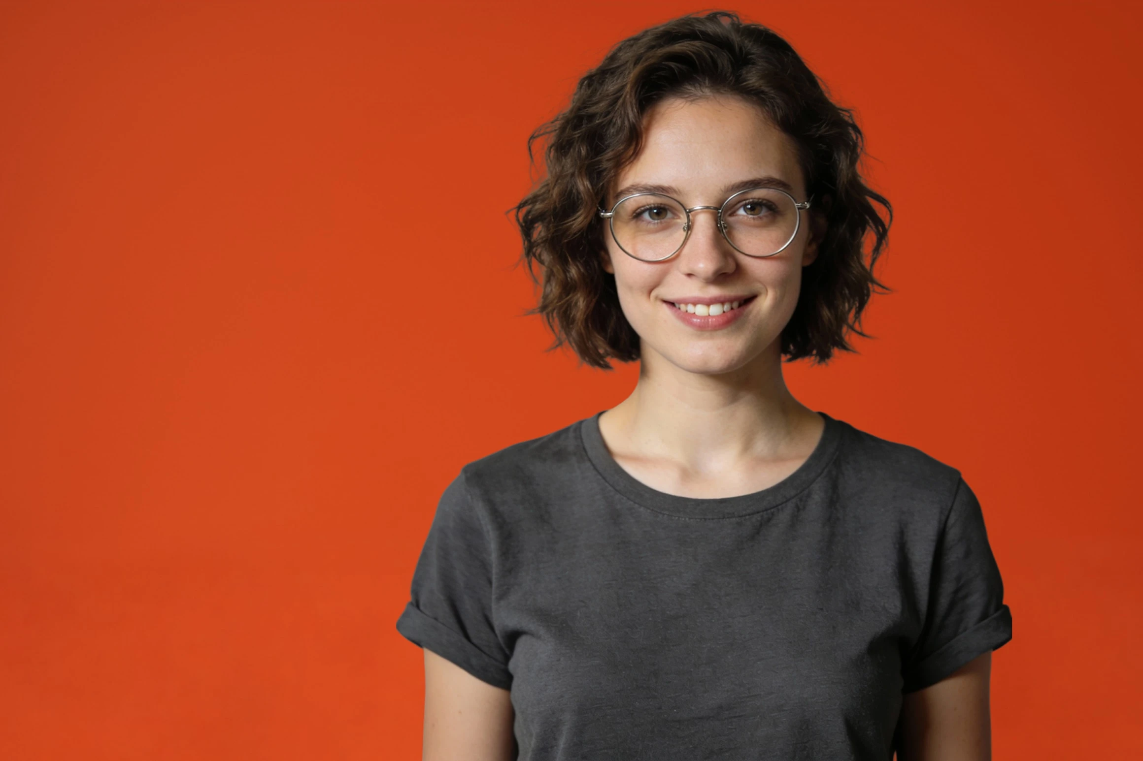Portrait of Maya Li, smiling with wavy hair and round glasses in a grey T-shirt against a vermilion backdrop