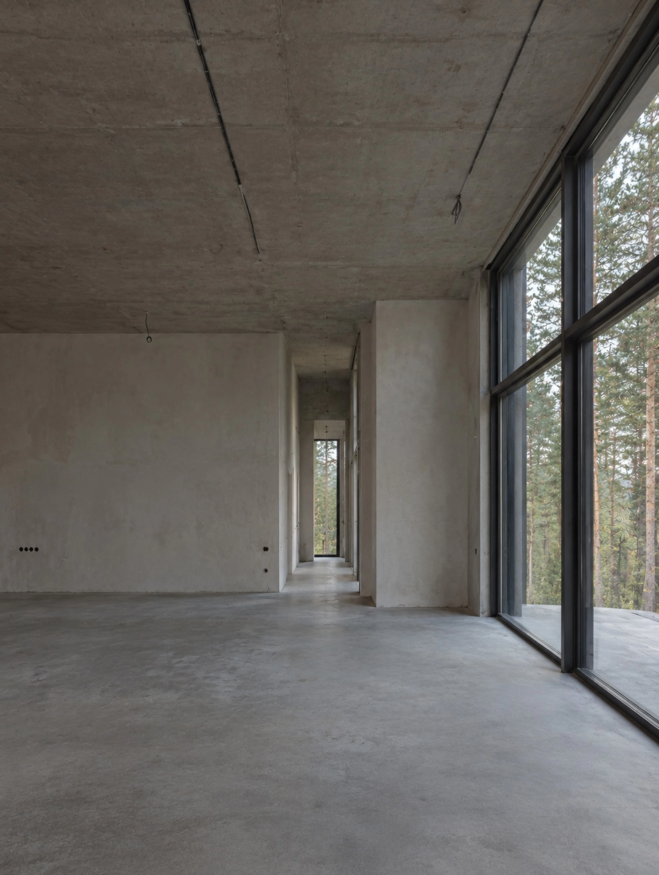 Empty concrete room with floor-to-ceiling windows facing the pine forest