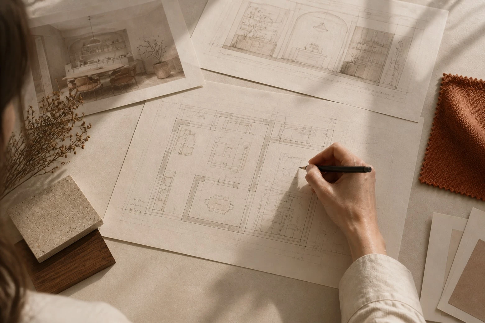 Designer's hand drawing a room layout on tracing paper next to wood and fabric swatches