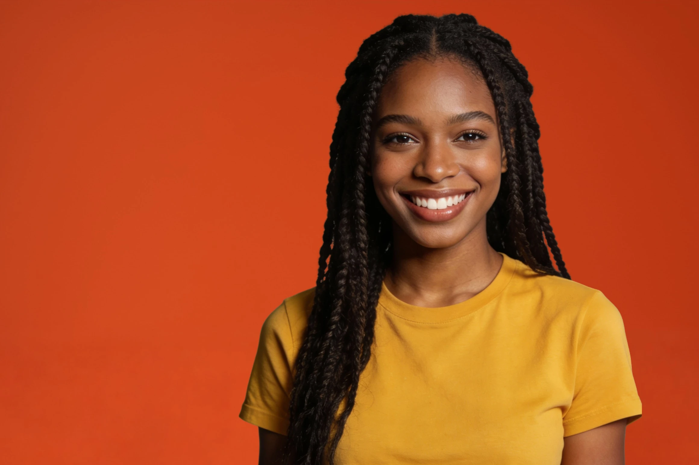 Portrait of Elle Nakamura, smiling with long braids in a mustard-yellow T-shirt against a vermilion backdrop