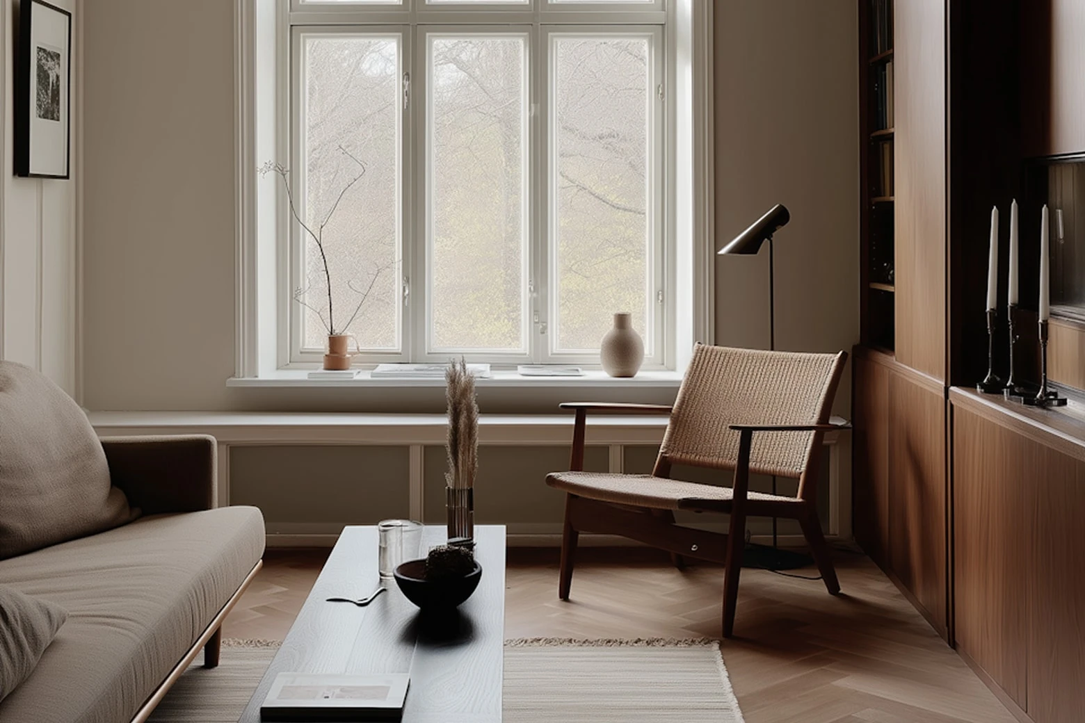 Calm living room with a low coffee table, a wooden lounge chair and tall windows